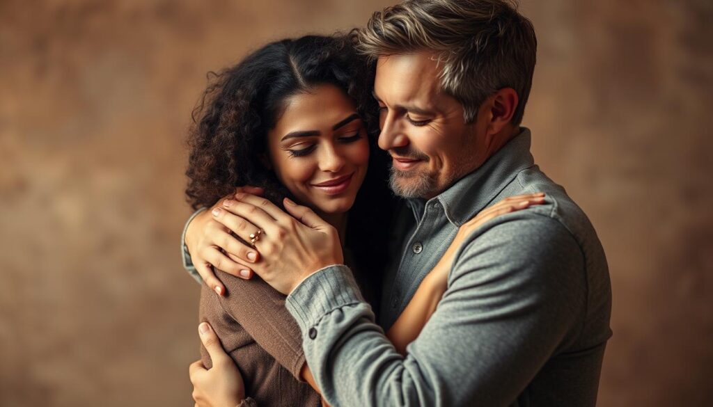 A couple embracing tenderly, their bodies intertwined, conveying a deep emotional connection. Soft, warm lighting illuminates their faces, creating an intimate, romantic atmosphere. The background is blurred, with muted, earthy tones to focus attention on the emotional bond between the two figures. The pose and expressions suggest a secure, trusting attachment, reflecting the core principles of attachment theory. The image evokes a sense of comfort, intimacy, and the powerful emotional dynamics that shape interpersonal relationships.